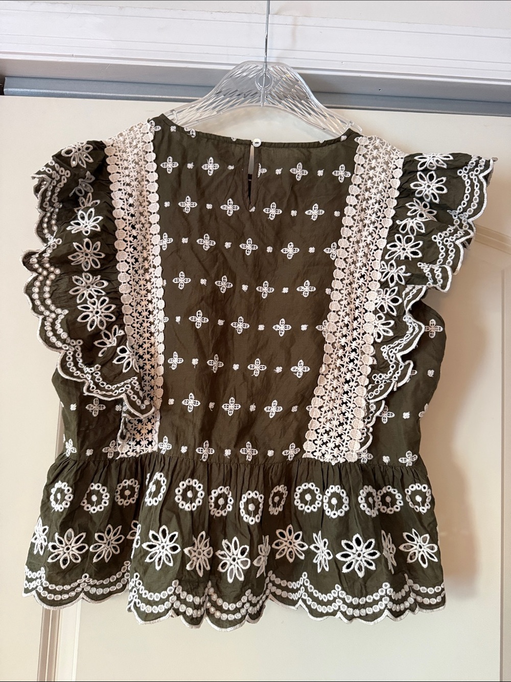 Jennifer & Grace Embroidered Olive Peplum Blouse with White Lace Trim - Picture 4 of 4